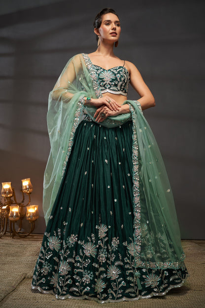 Green Heavy Chiffon Sequence Worked Wedding Function Wear Fancy Lehenga Choli