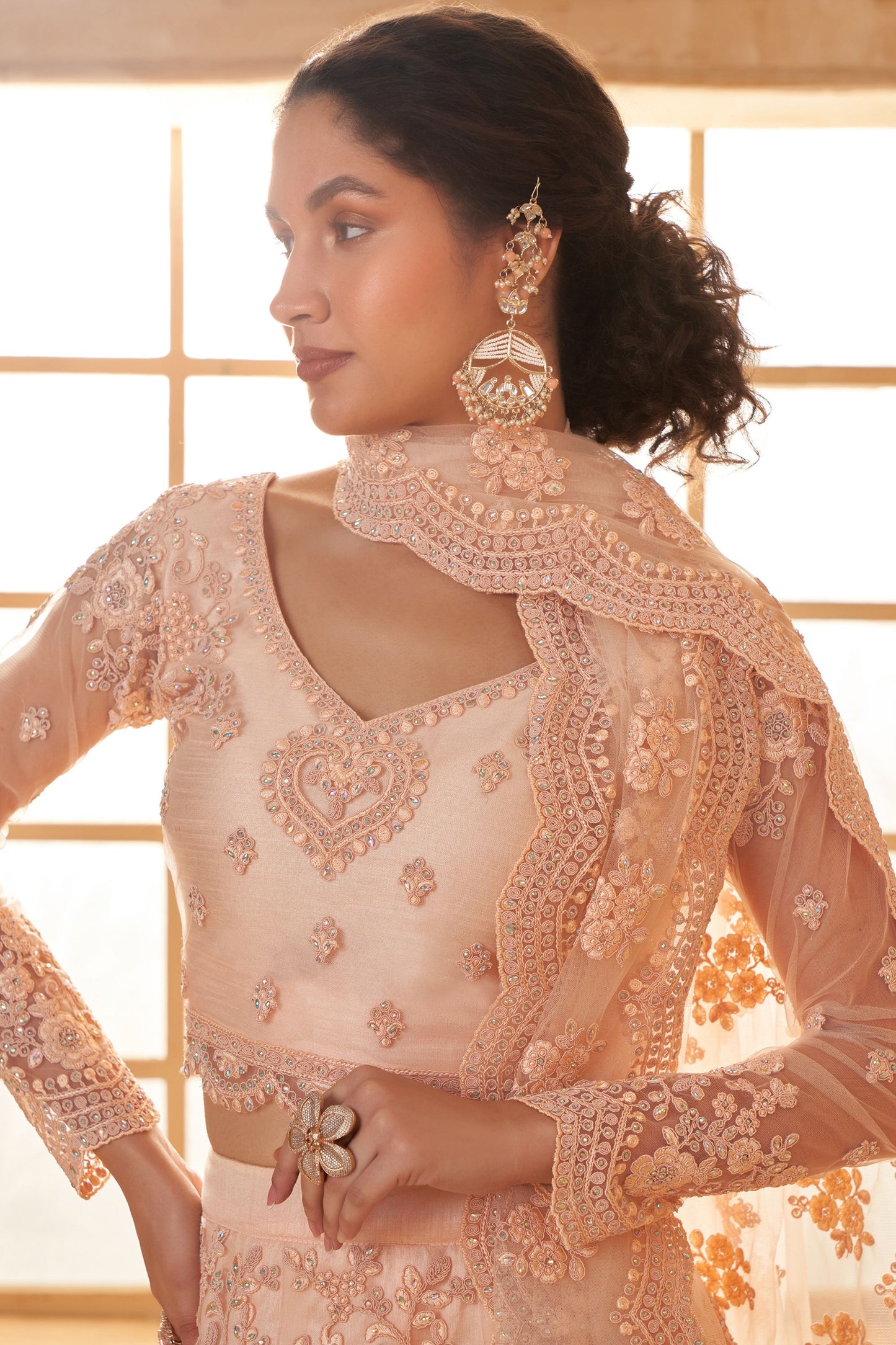 Peach Designer Heavy Net Lehenga Choli With Beautiful Embroidered Dupatta - Marriott Fashion