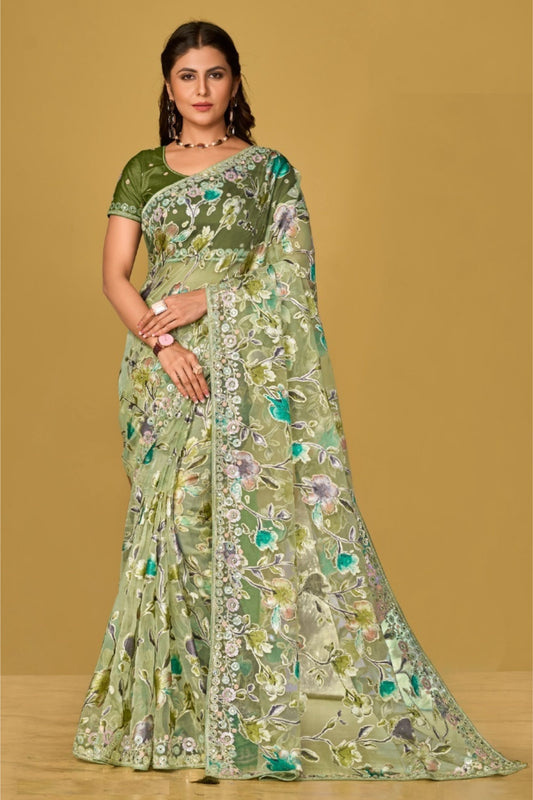 Green Colored Soft Organza Embroidery Worked Indian Wedding &Function Wear Saree