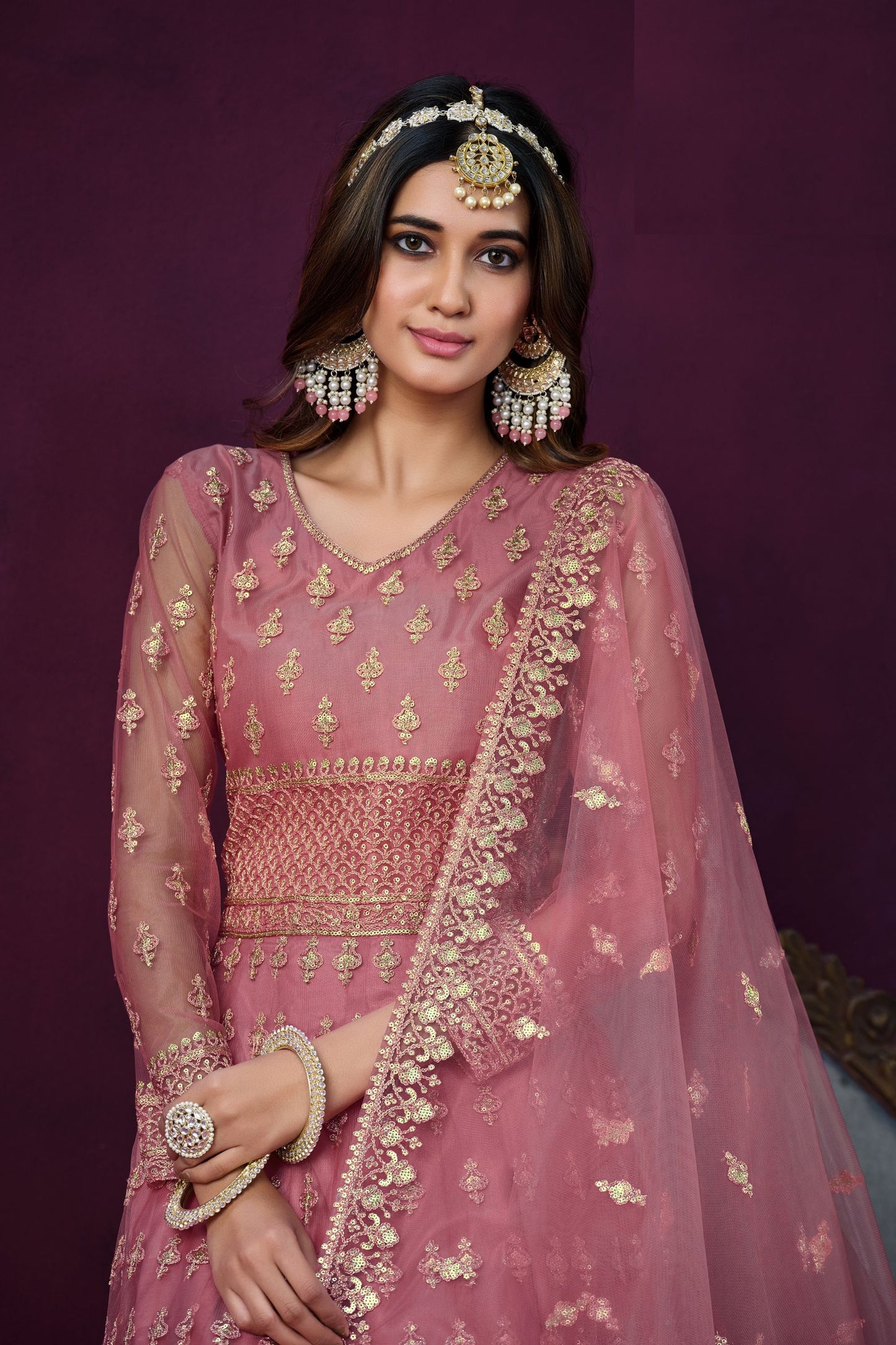 Pink Fancy Net Embroidered For Indian Wedding And Festival Wear Anarkali Gown