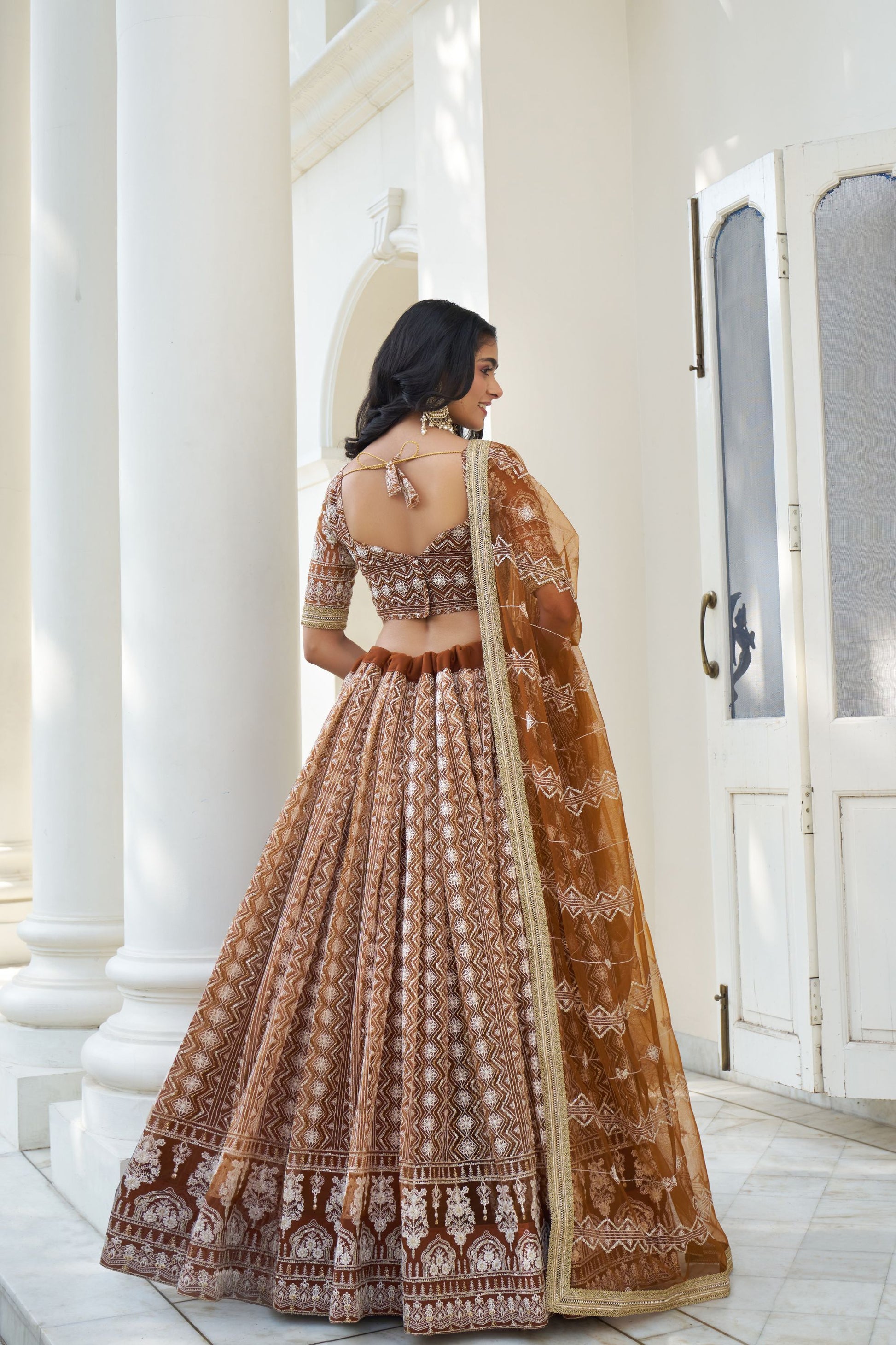 Engagement Wear Brown Colored Butterfly Net Lehenga With Dupatta, Embroidery & Thread Worked Lehenga Choli - Marriott Fashion