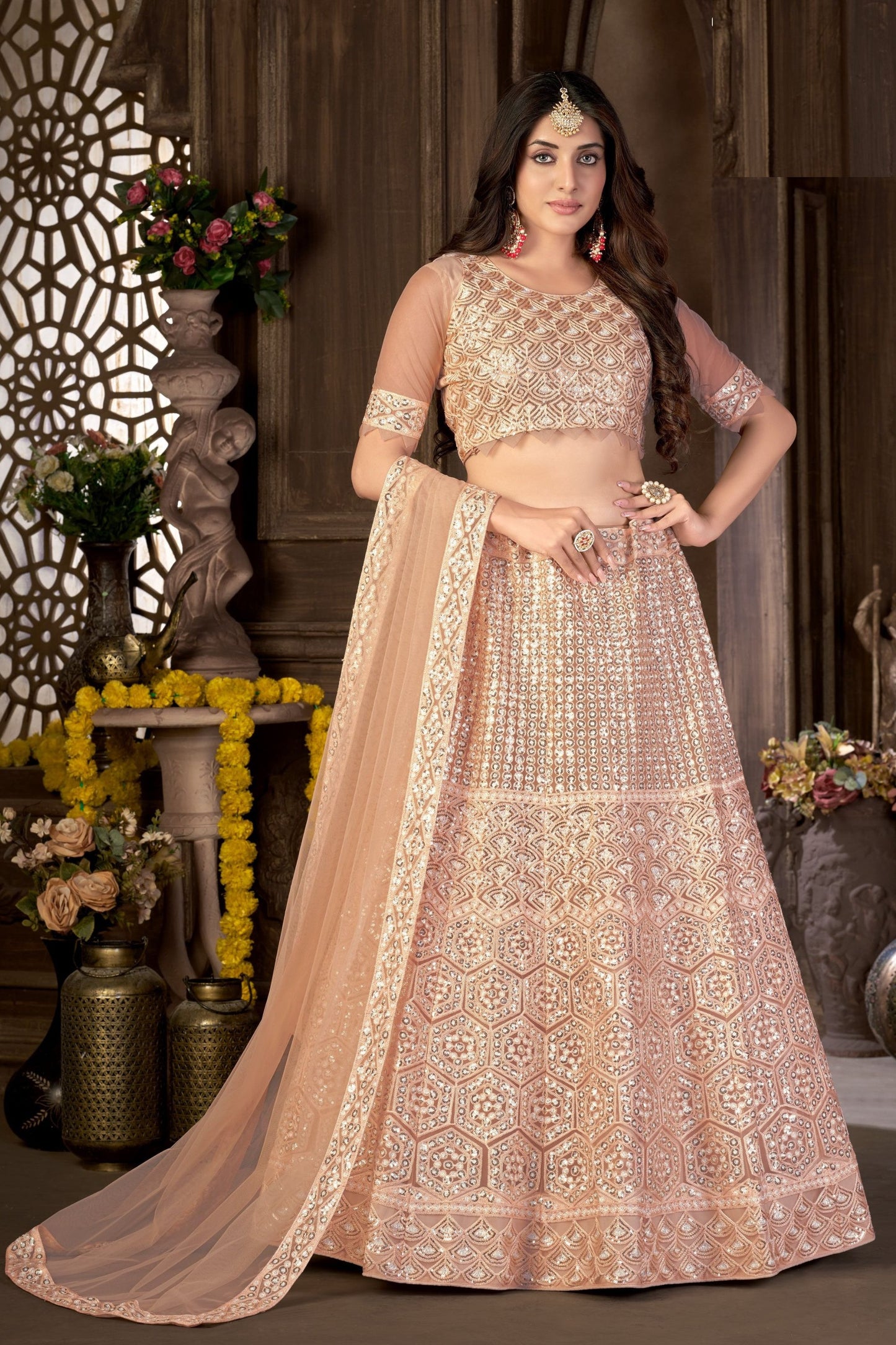 Beautiful Pink Heavy Net Sequence Worked Wedding And Engagement Wear Lehenga Choli