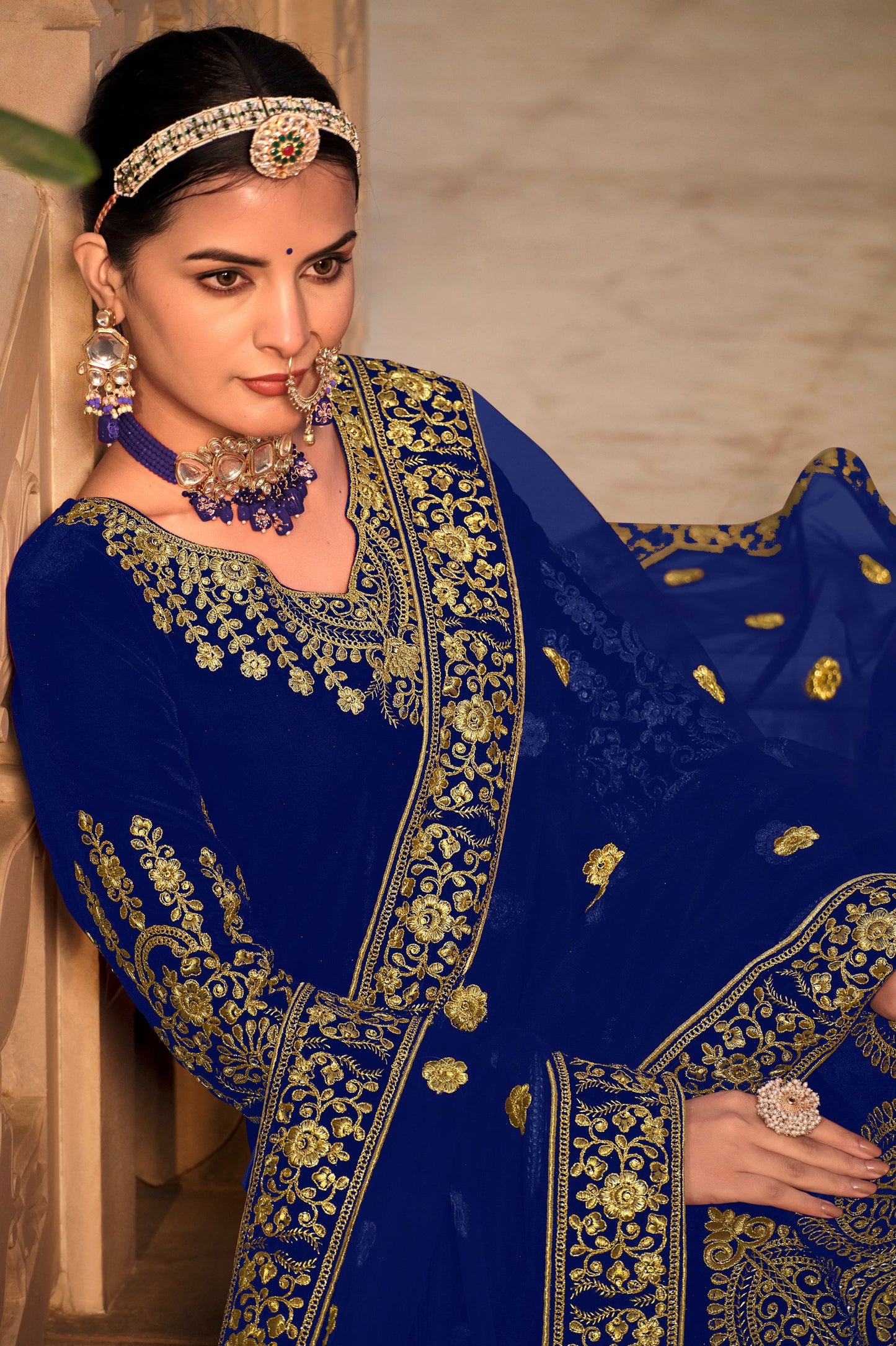 Blue 9000 Velvet Embroidery Worked Wedding Reception Party Wear Anarkali Gown