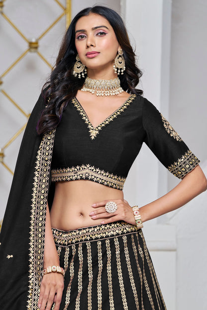 Black Colored Art Silk Lehenga Choli With Embroidered Dupatta for Indian Wedding & Festival Wear - Marriott Fashion