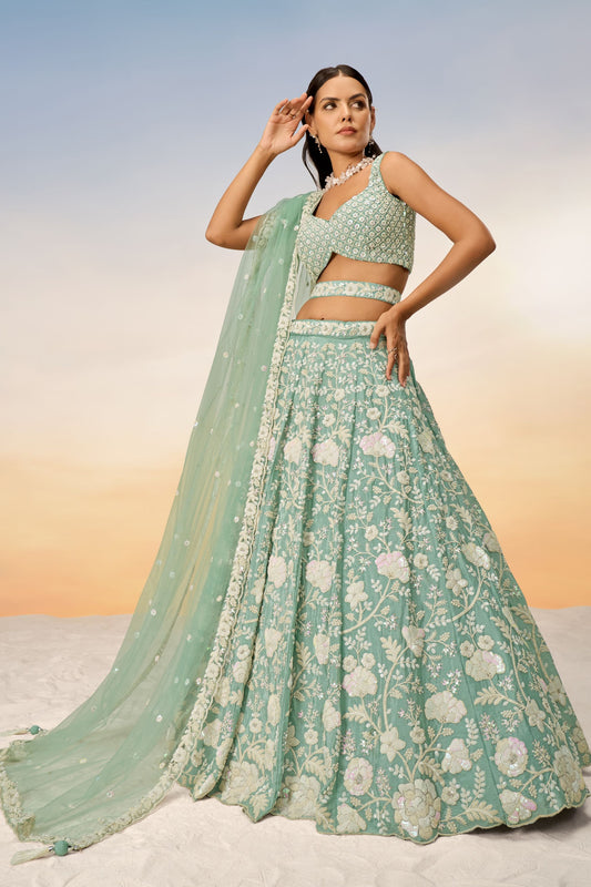 Sea Green Poly Georgette Stone Worked Engagement Wear Lehenga Choli