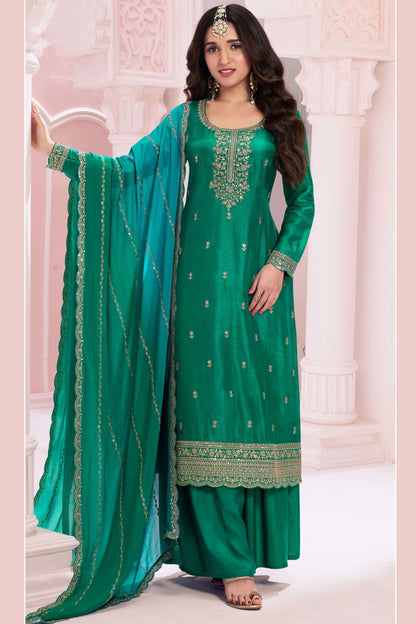 Green Heavy Vichitra Silk Sequence Worked Wedding Function Wear Salwar Kameez