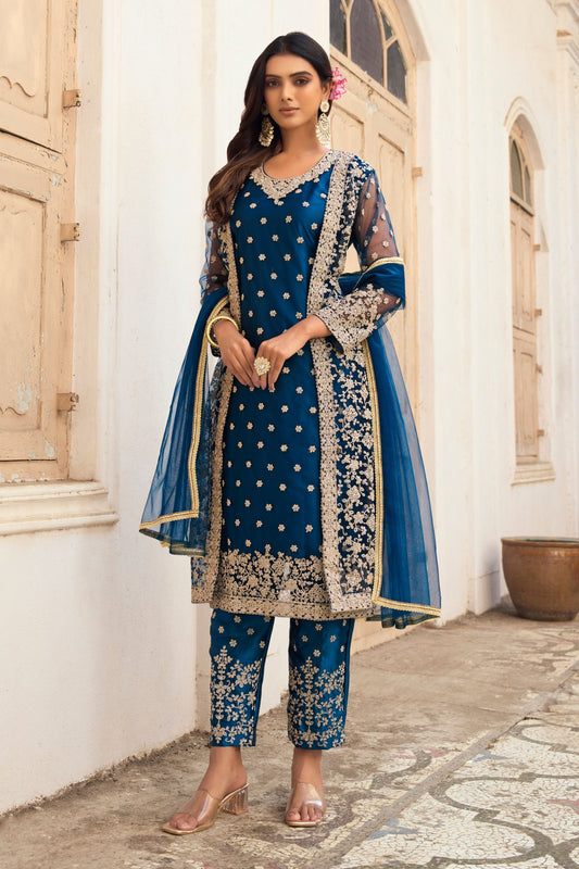 Blue Colored Heavy Butterfly Net Salwar Kameez With Santoon Bottom And Designer Dupatta, Indian Festival Wear Straight Cut Salwar Suits For Women - Marriott Fashion