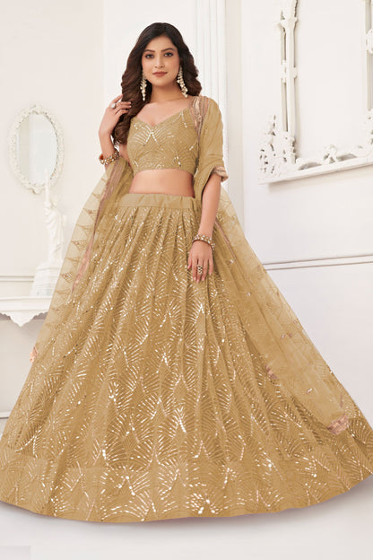 Beige Heavy Net Thread &Embroidery Worked Wedding Function Wear Lehenga Choli