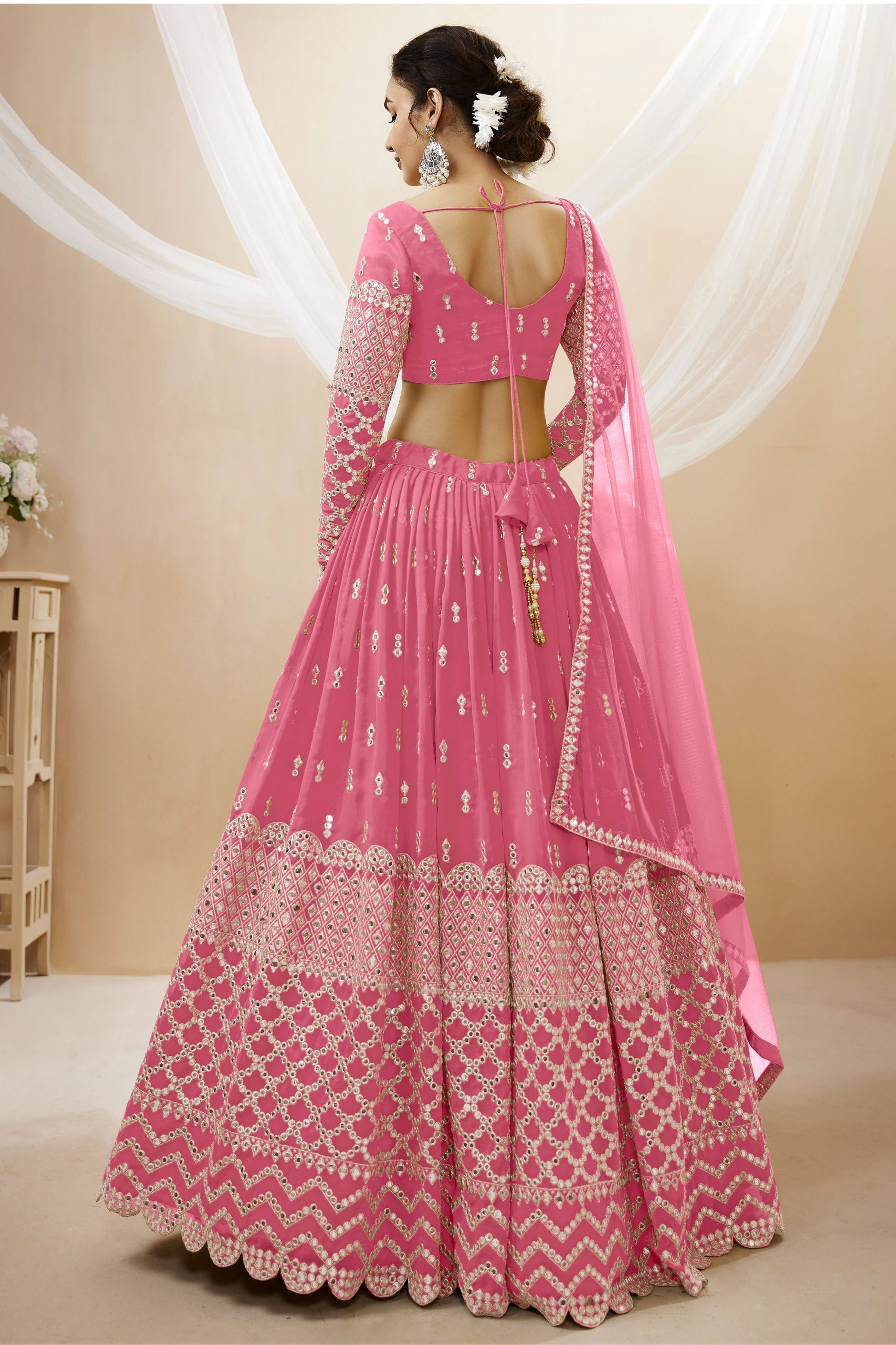 Pink Colored Georgette Lehenga Choli With Designer Net Dupatta - Marriott Fashion