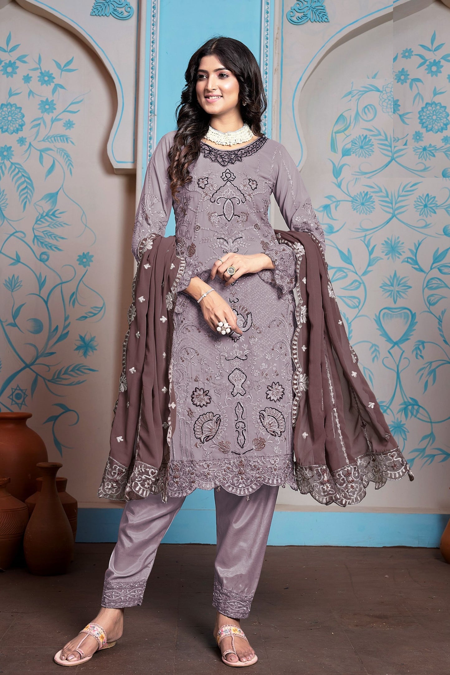 Purple Colored Heavy Faux Georgette Salwar Kameez, Dull Santoon Bottom With Designer Dupatta - Marriott Fashion