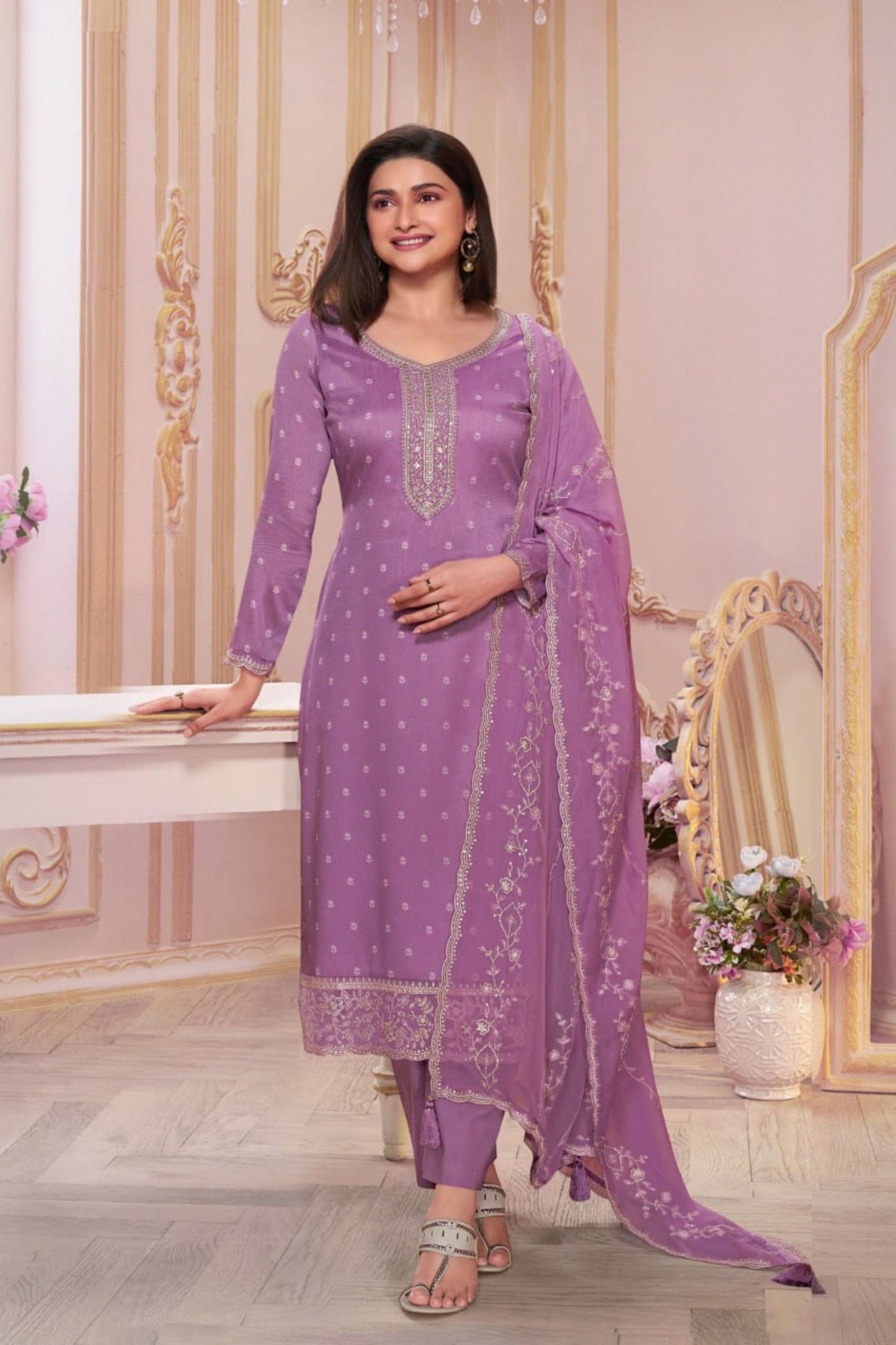 Pink Heavy Silk Sequence And Embroidery Worked Festival Wear Straight Cut Salwar Kameez