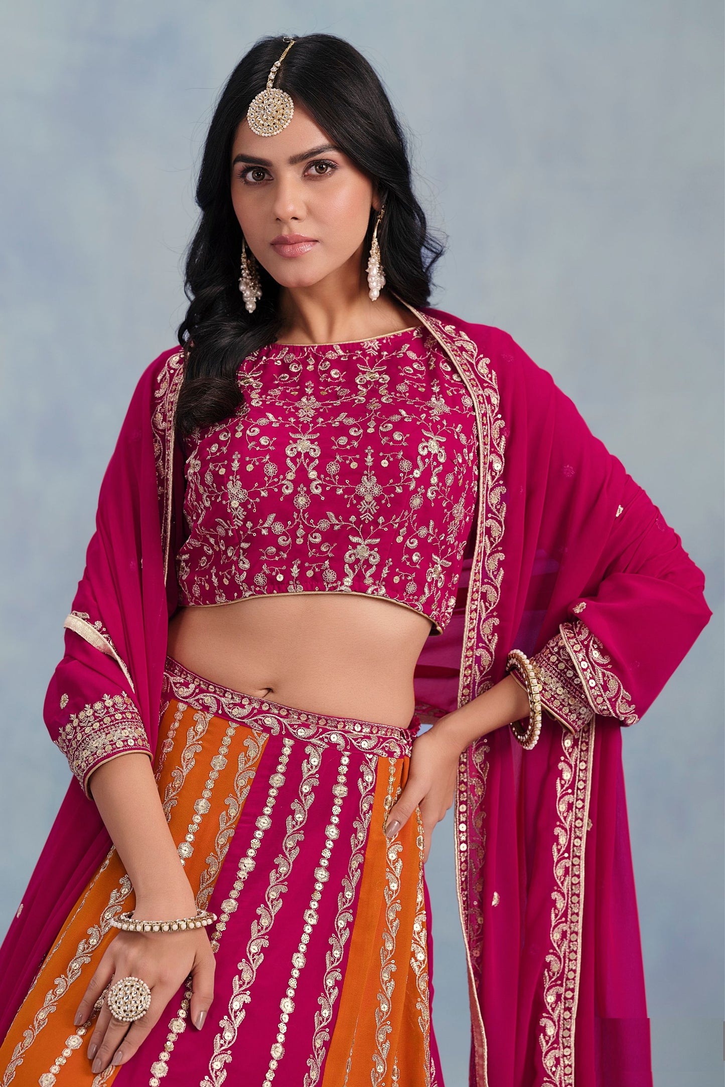 Pink & Orange Faux Georgette Embroidered Festival Designer Lehenga choli