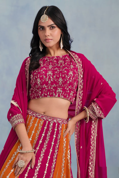Pink & Orange Faux Georgette Embroidered Festival Designer Lehenga choli