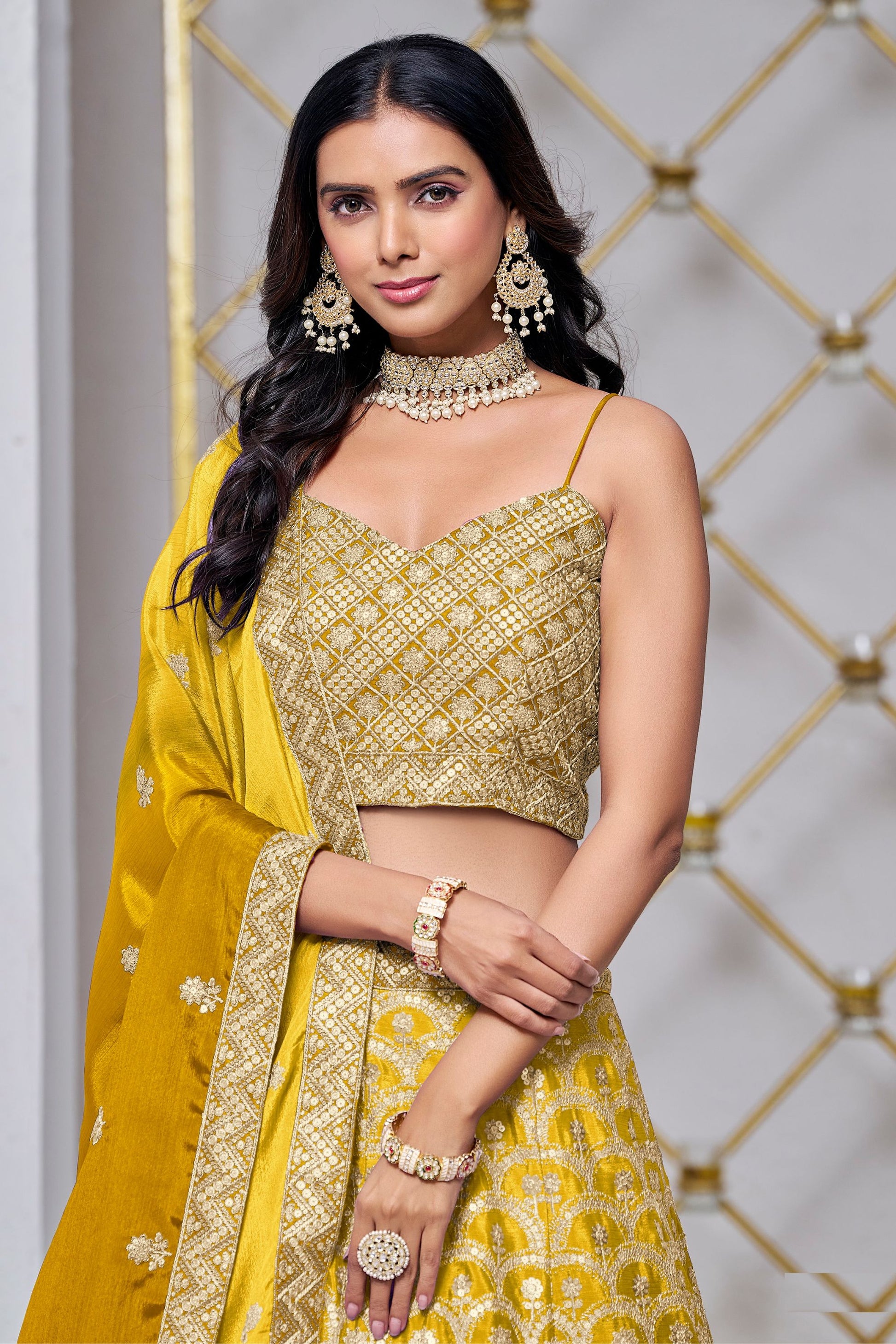 Yellow Colored Heavy Chinon Lehenga Choli With Embroidery & sequence Worked Dupatta - Marriott Fashion