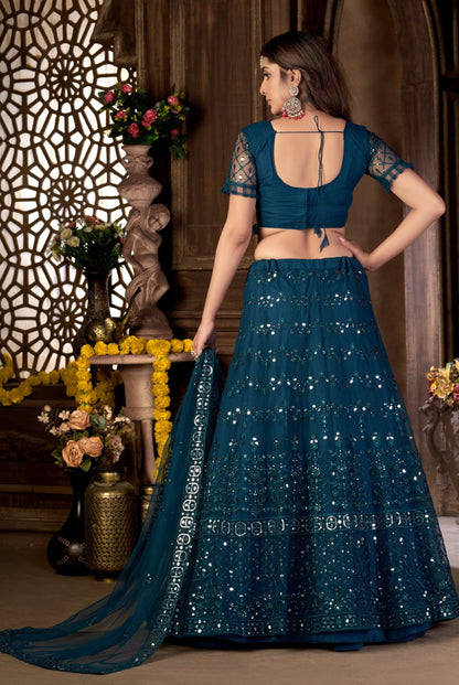 Blue Heavy Net Sequence Worked Wedding And Party Wear Lehenga Choli