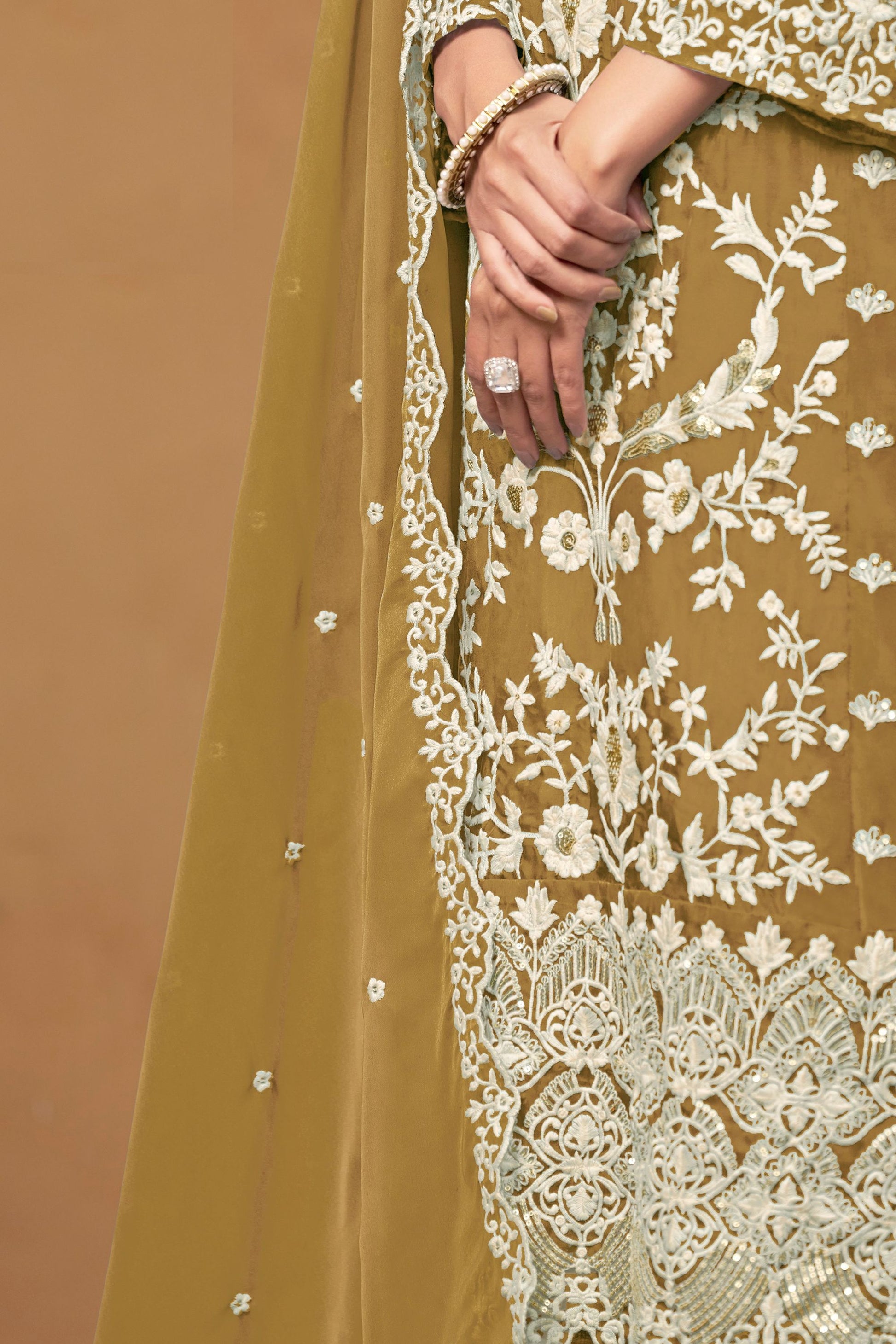 Mustard Colored Organza Salwar Suit With Beautiful Dupatta , Pakistani Festival Wear Straight Cut Salwar Kameez - Marriott Fashion