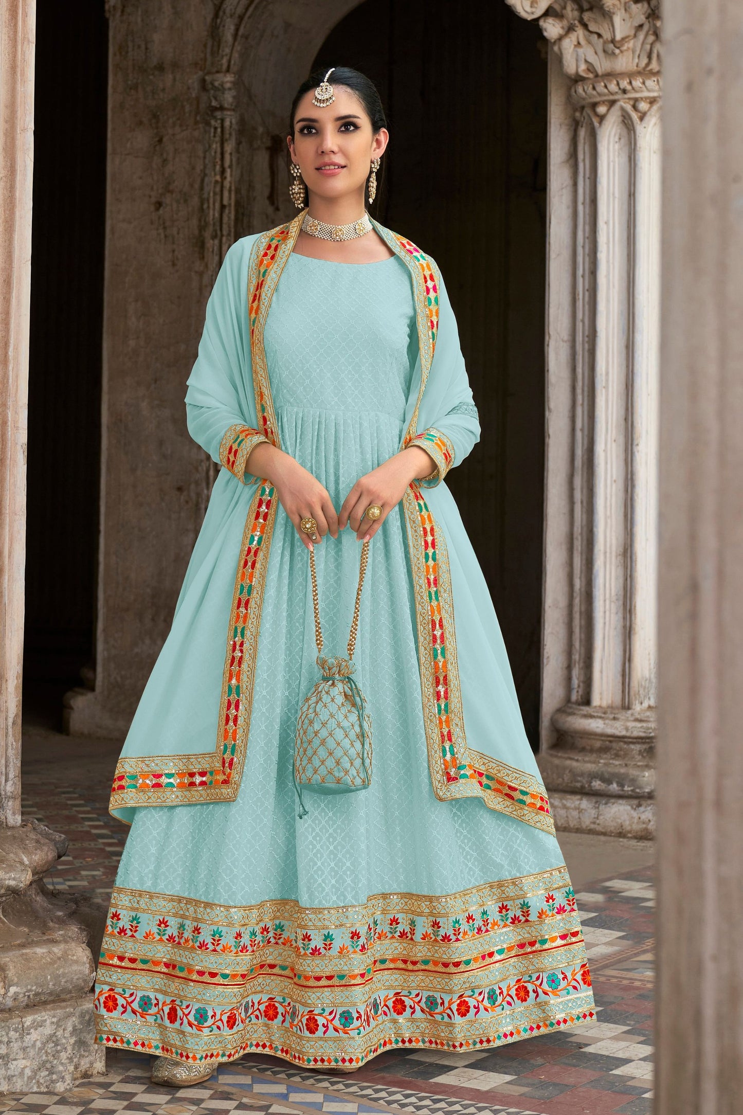 Gorgeous Sky Blue Real Georgette Heavy Embroidery Worked Festival Wear Anarkali Gown