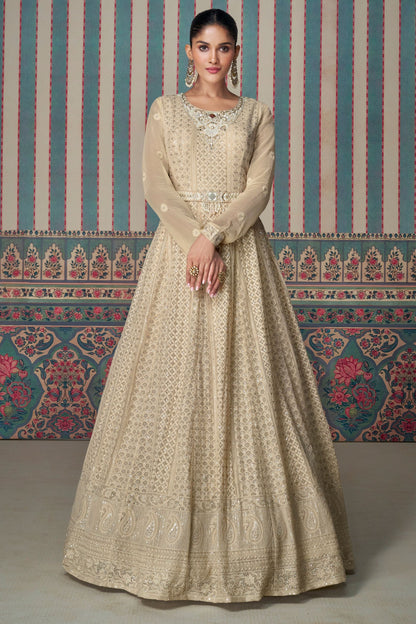 Cream Real Georgette Heavy Sequence Worked Indian Wedding & Festival Wear Anarkali Gown