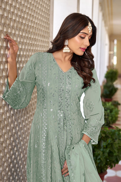 Green Colored Slit Georgette Anarkali Gown Suit With Organza Dupatta - Marriott Fashion