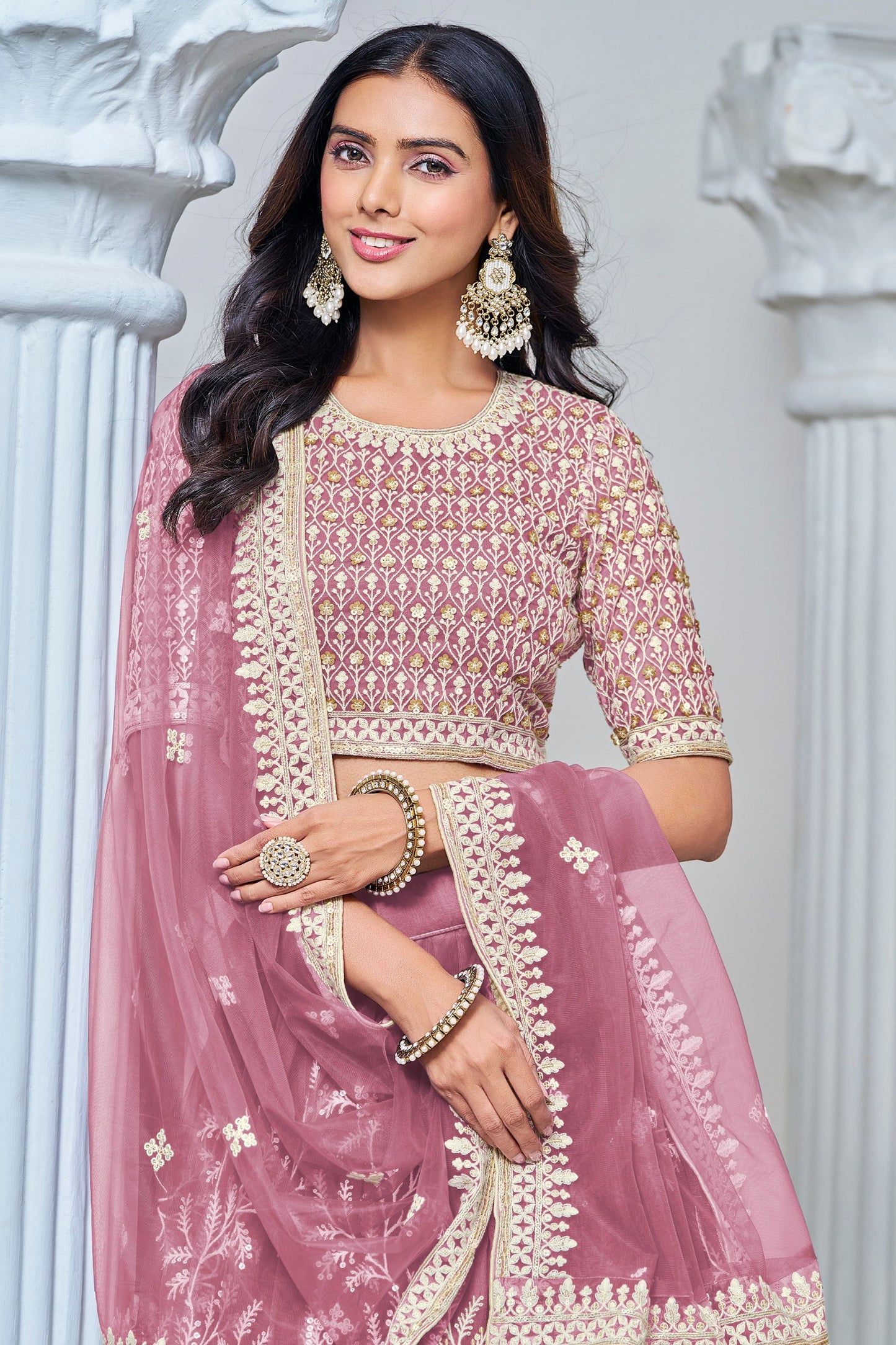 Beautiful Pink Heavy Net Thread Worked Wedding Function Wear Lehenga Choli