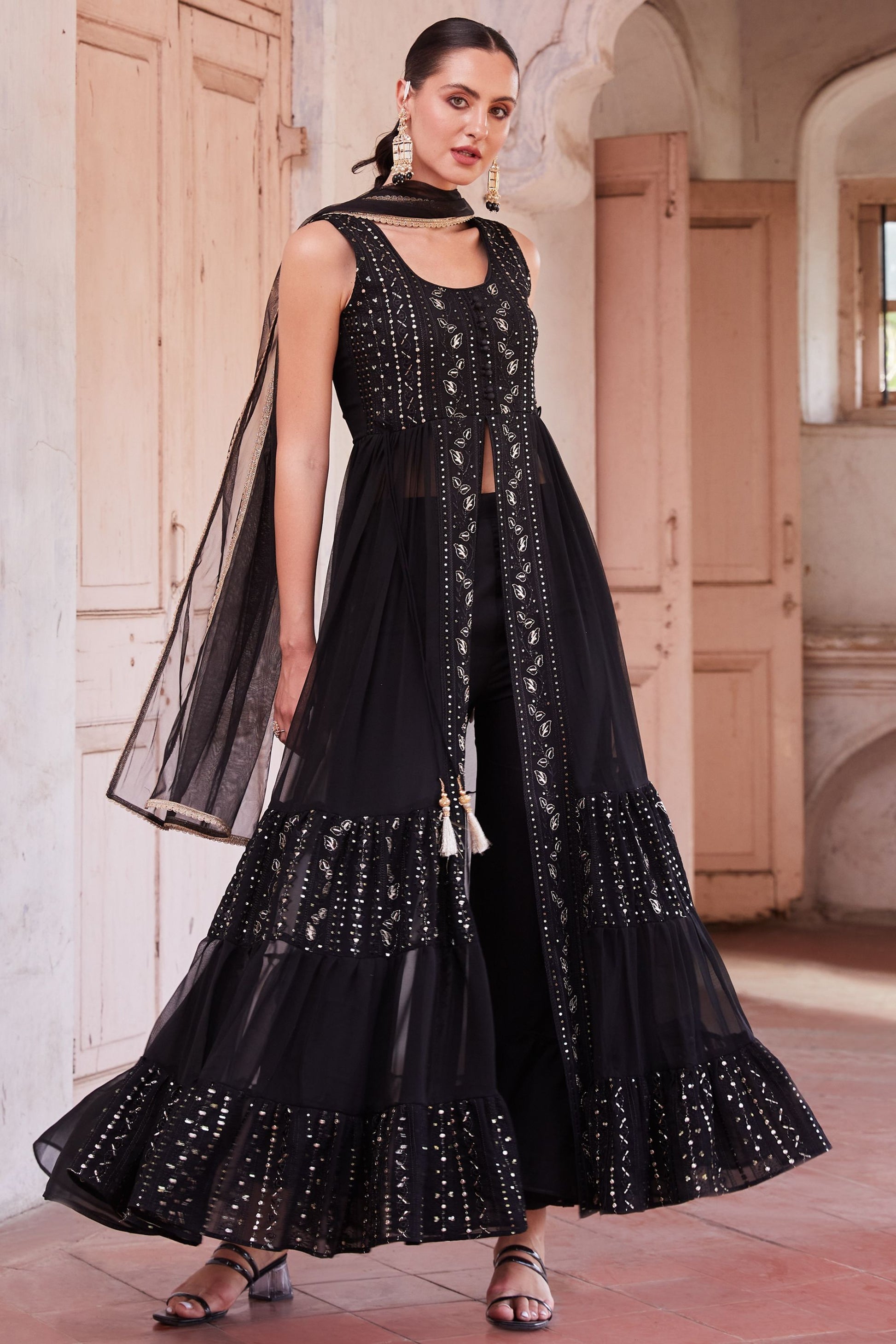 Black Long Designer Georgette Anarkali with Front Slit and Pant For Indian Festivals & Weddings - Thread & Sequence Embroidery Work - Marriott Fashion