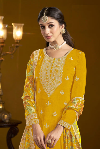 Yellow Heavy Chinon Embroidery & Printed Worked Wedding & Festival Wear Fancy Palazzo Suit