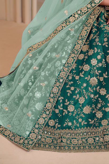 Green  Designer Art Silk Lehenga Choli with Soft Net Dupatta For Wedding & Festival Wear - Embroidery & Sequence Work Lehenga Choli