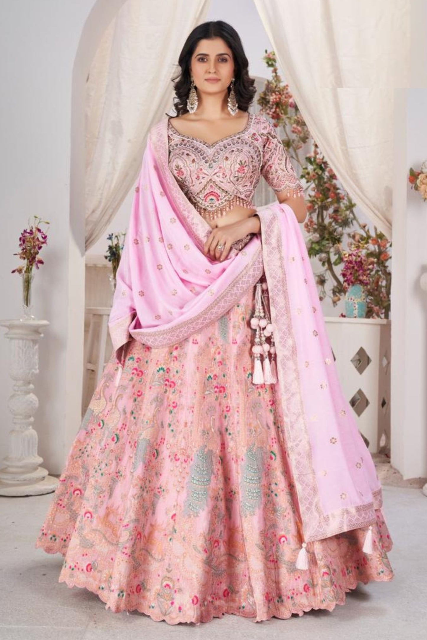 Designers Indian wedding Wear with Jacquard Lehenga Choli, Designer Blouse Piece With Silk Dupatta Dupatta - Marriott Fashion