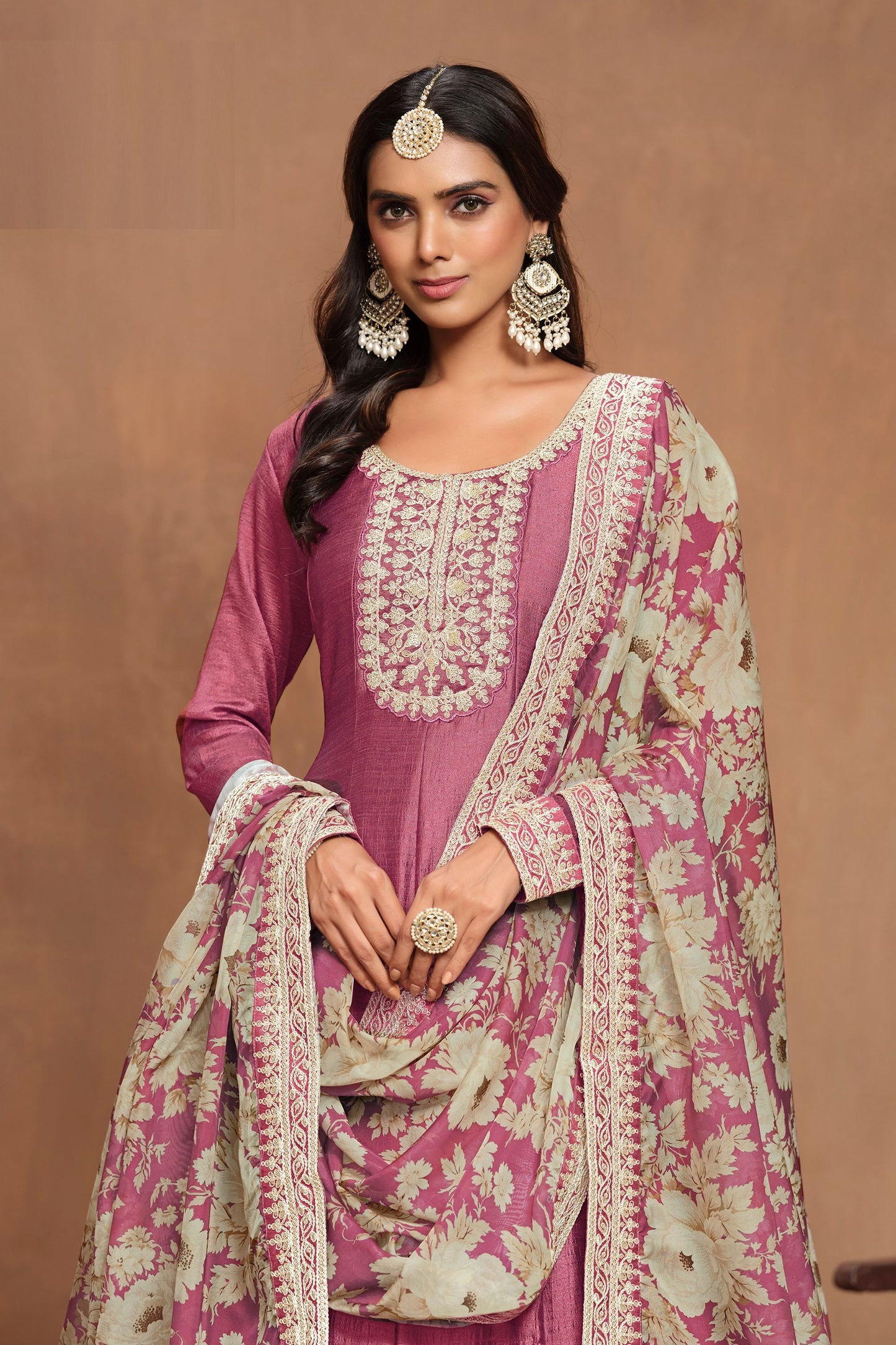 Pink Colored Art Silk Anarkali Gown Suits, Santool Bottom With Organza Printed Dupatta