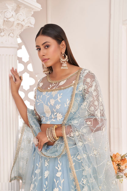 Sky Blue Butterfly Net Embroidery And Thread Worked Wedding Wear Lehenga Choli