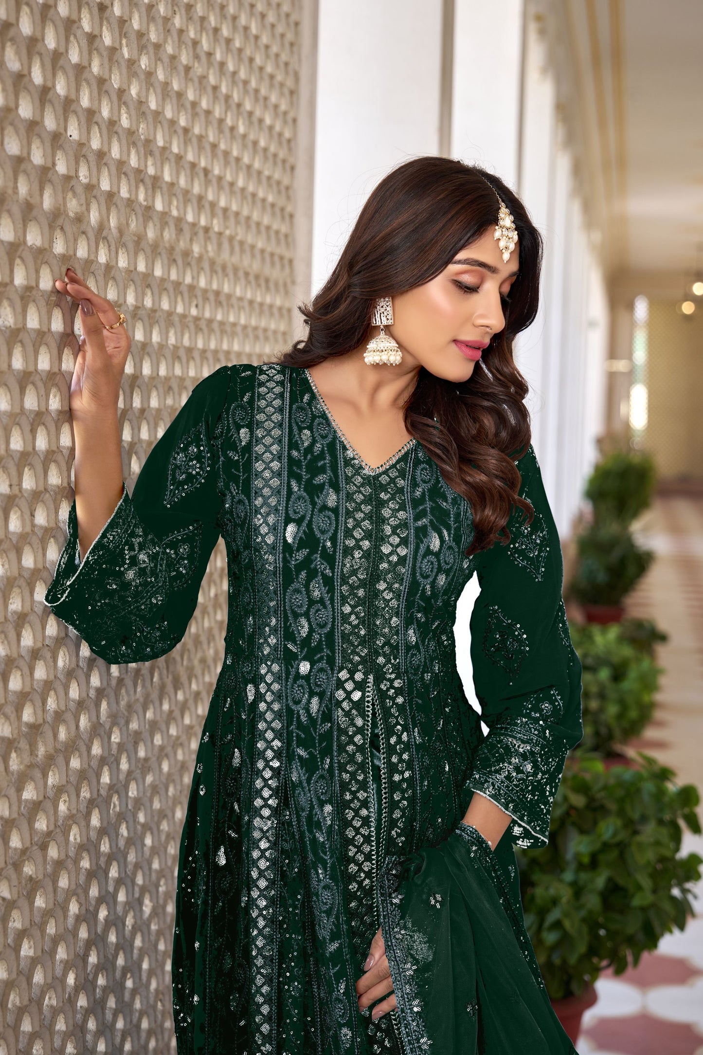 Mehendi Green Colored Georgette Anarkali Gown Suit With Embroidery Worked Organza Dupatta - Marriott Fashion