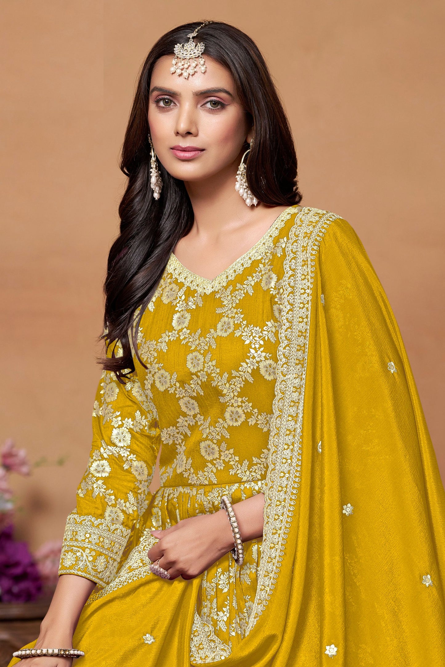 Yellow Dola Jacquard Silk Thread & Embroidery Work For Indian Wedding & Festival wear Anarkali Suit