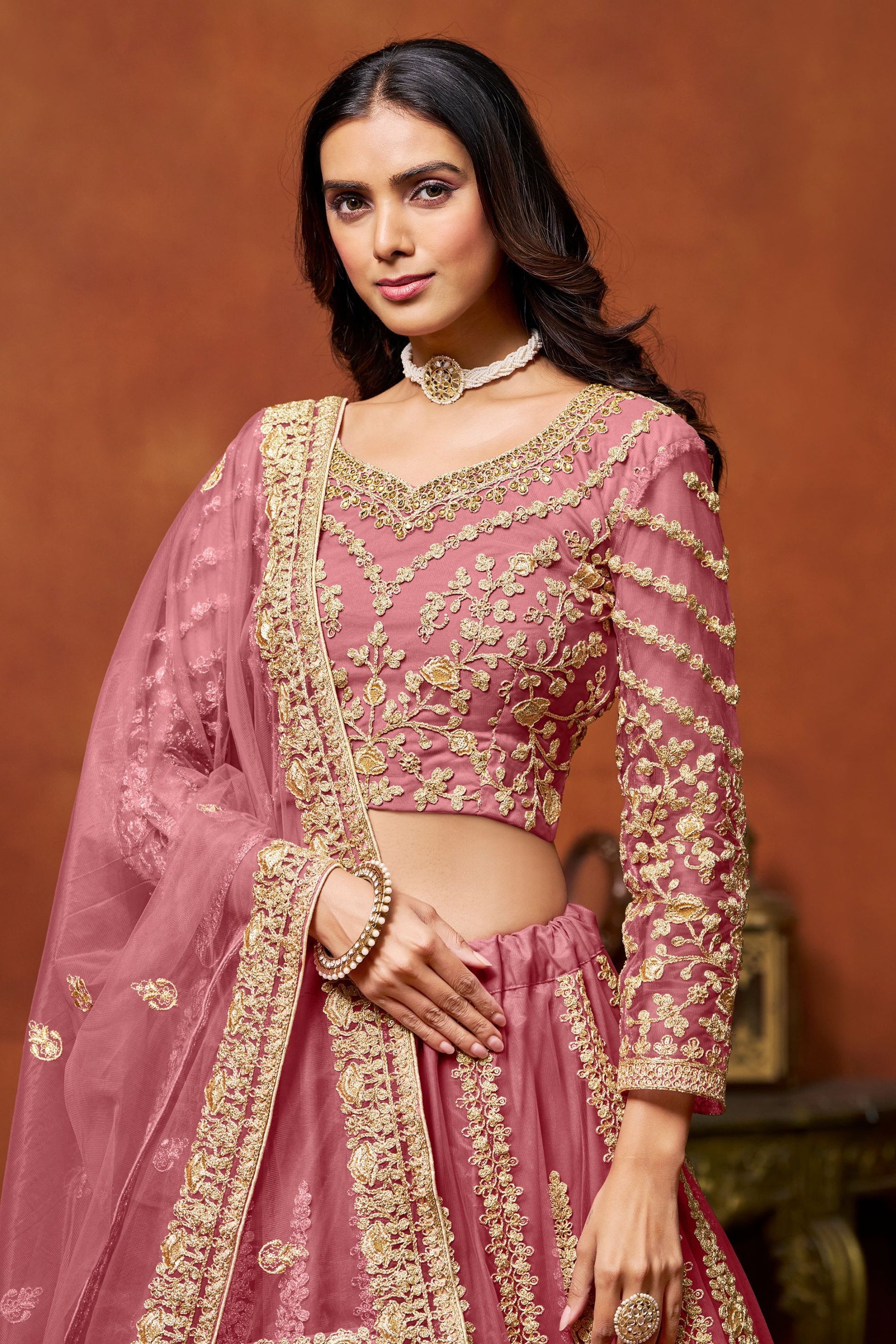 Pink Colored Heavy Net Lehenga Choli Embroidery Worked Dupatta For Indian Wedding Festival Wear - Marriott Fashion