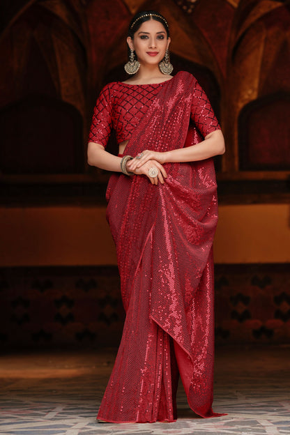 Red Heavy Georgette Sequence Worked Party Wear Saree