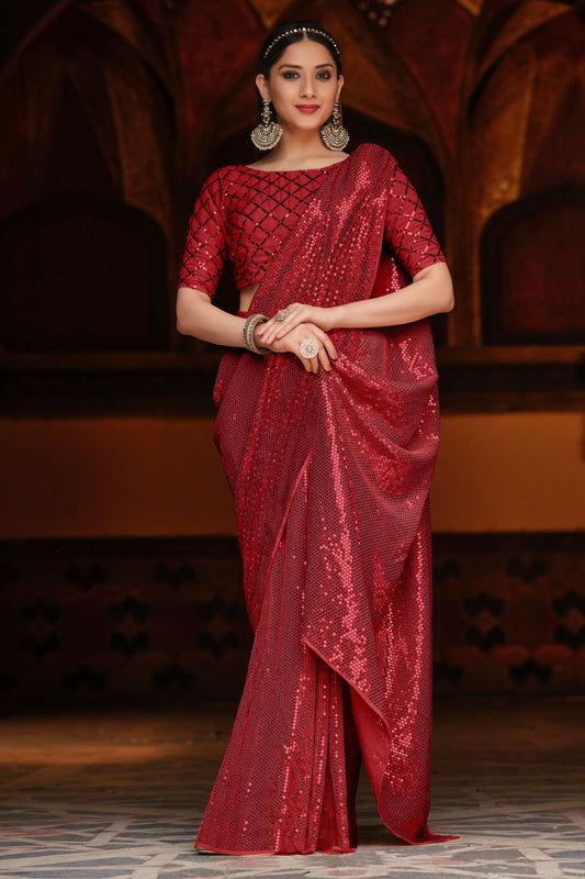 Red Heavy Georgette Sequence Worked Party Wear Saree