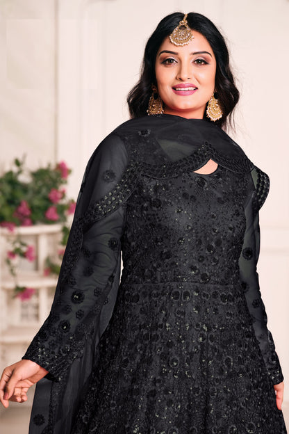 Attractive Black Heavy Net Embroidery Worked Wedding & Festival Wear Anarkali Gown