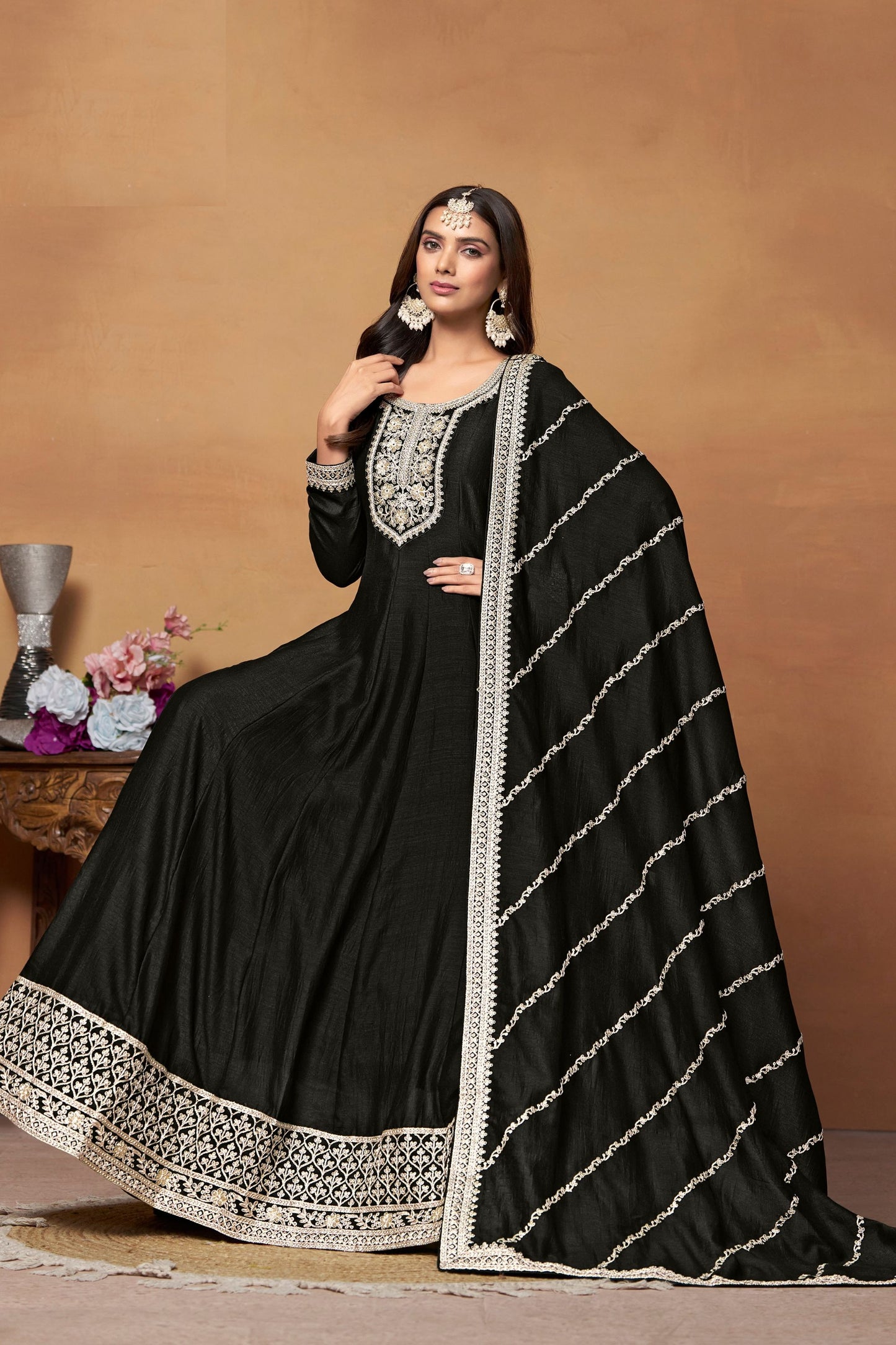 Attractive Black Colored Art Silk Anarkali Gown Suit With Designer Dupatta - Marriott Fashion