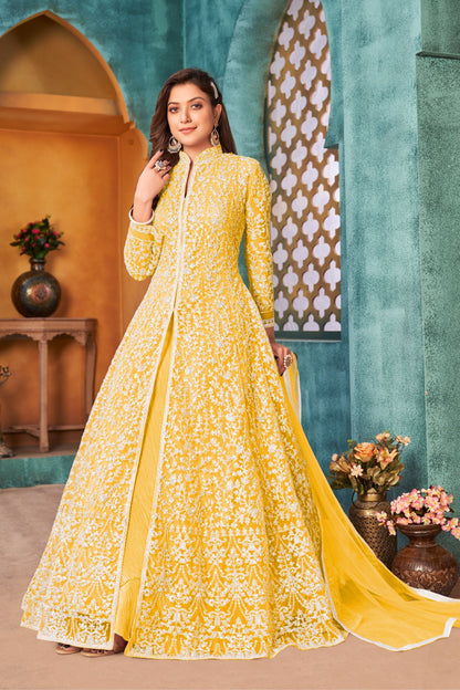 Yellow Heavy Net Thread & Embroidery Work Santool Bottom For Indian Wedding & Festival Wear Anarkali Gown - Marriott Fashion