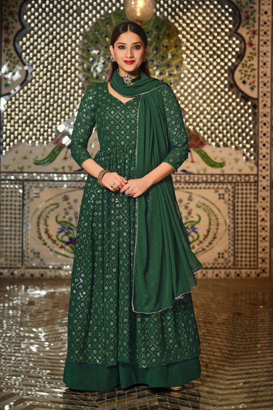 Green Real Georgette Embroidery Worked Wedding Wear Slit Style Anarkali Gown