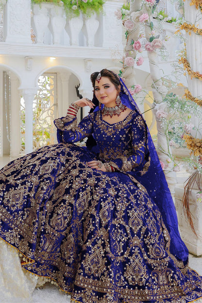 Blue Colored Heavy Velvet Designer Bridal Wear Lehenga Choli With Soft Net Dupatta, Embroidery & Sequence Worked Lehenga Choli - Marriott Fashion