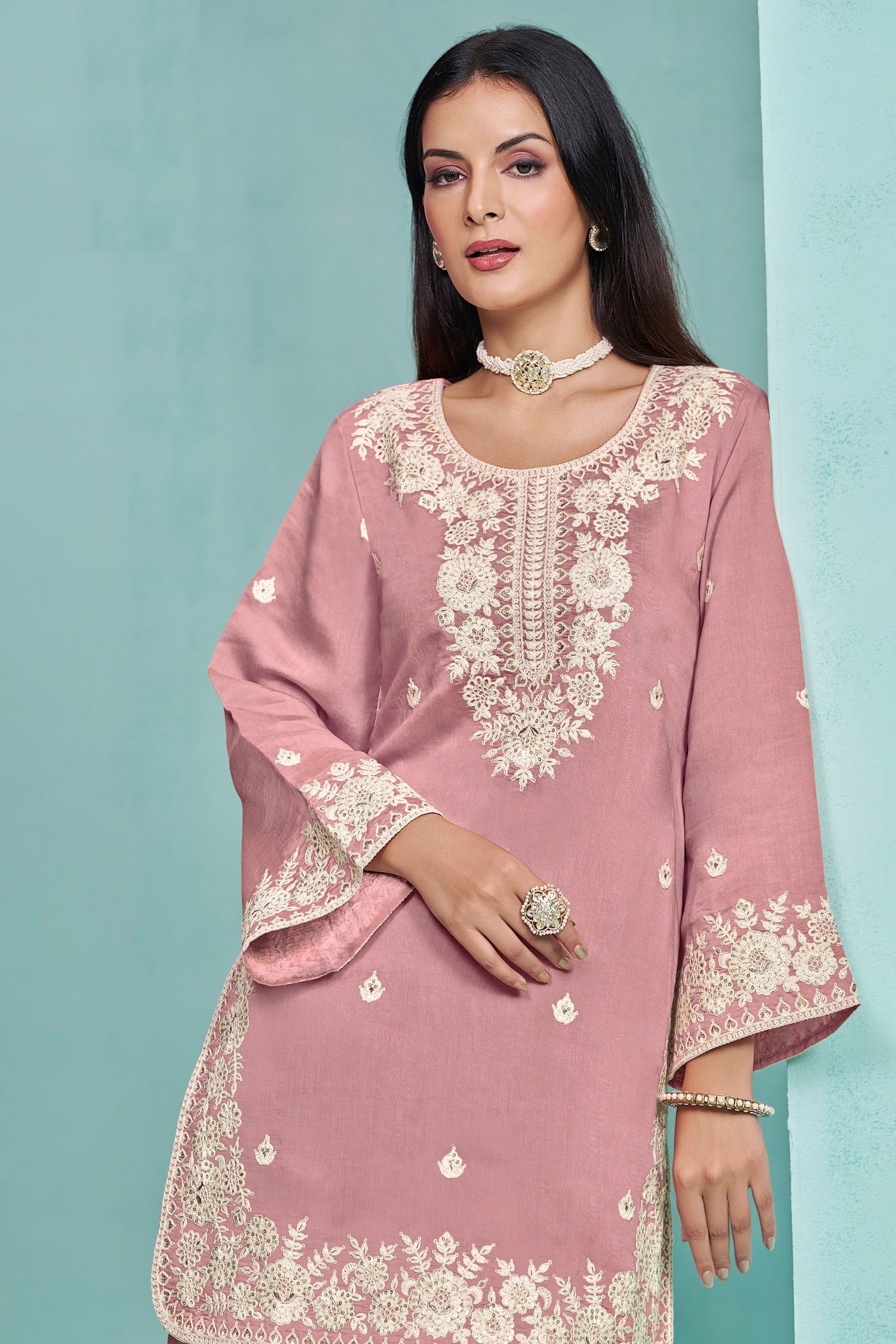 Pink Colored Roman Silk Salwar Kameez With Heavy Organza Dupatta, Festival Wear Sharara Suits For Women - Marriott Fashion