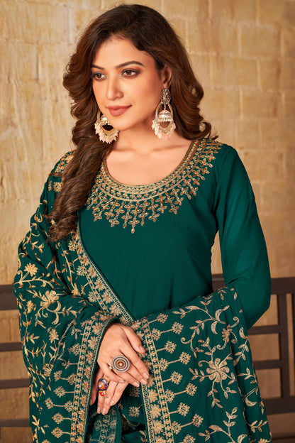 Green Heavy Georgette Embroidery Worked Wedding & Festival Wear Anarkali Gown