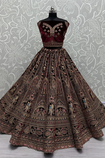 Marron Heavy Velvet Thread & Diamond Worked Indian Wedding Wear Lehenga Choli