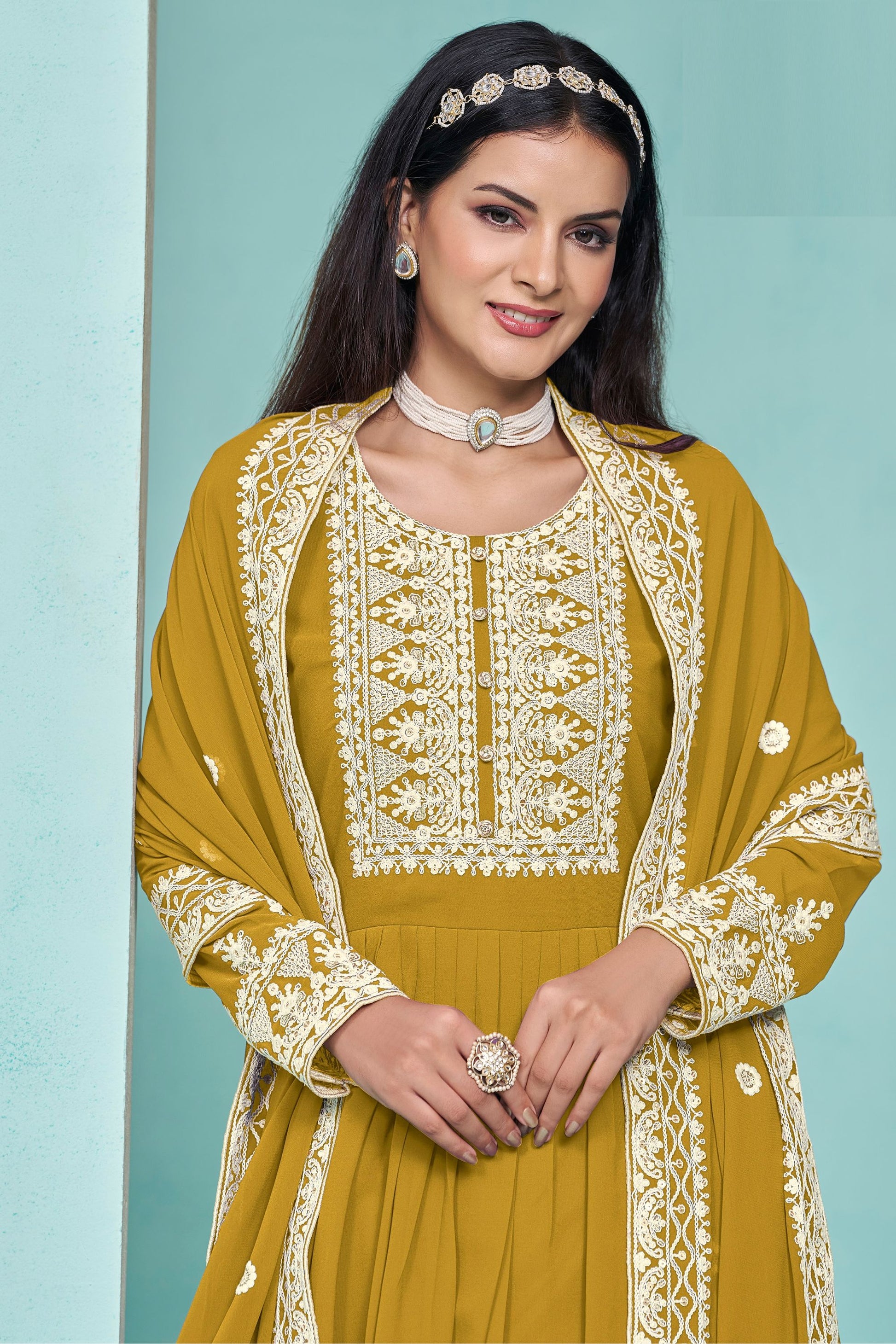 Yellow faux Georgette Thread & Embroidery Work For Indian Wedding Festival Wear Salwar Kameez - Marriott Fashion