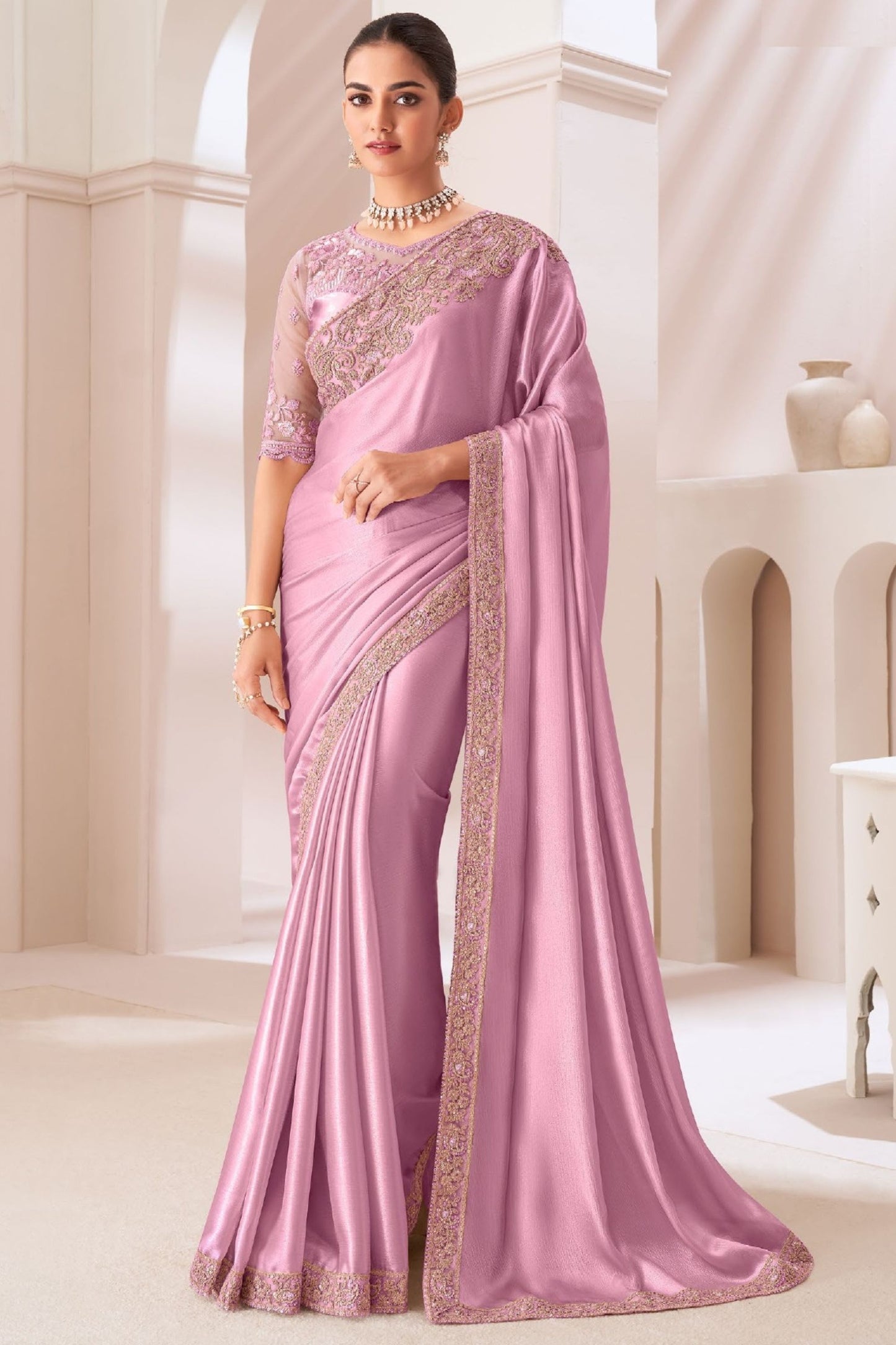 Cream Satin Chiffon Heavy Stone Worked Indian Wedding & Party Wear Saree