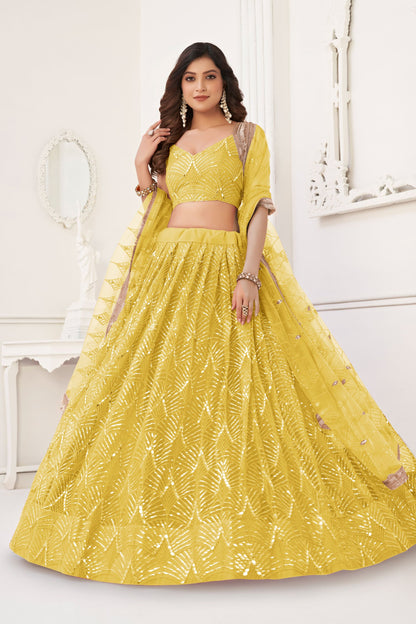 Yellow Butterfly Net Lehenga Choli With Designer Dupatta , Indian Wedding Wear Lehenga Choli - Marriott Fashion