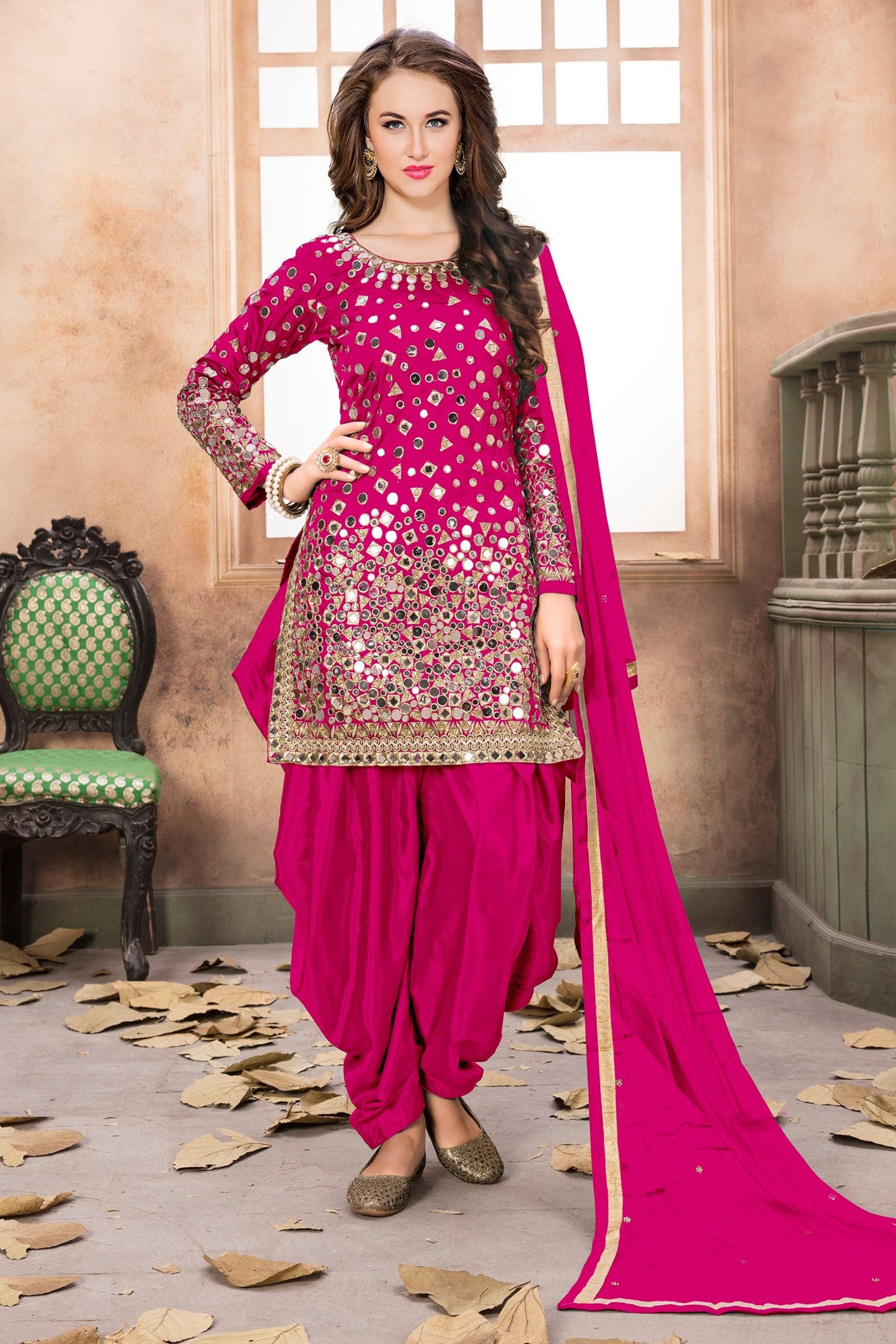 Beautiful Pink Colored Heavy Taffeta Silk Salwar Kameez With Designer Net Dupatta - Marriott Fashion