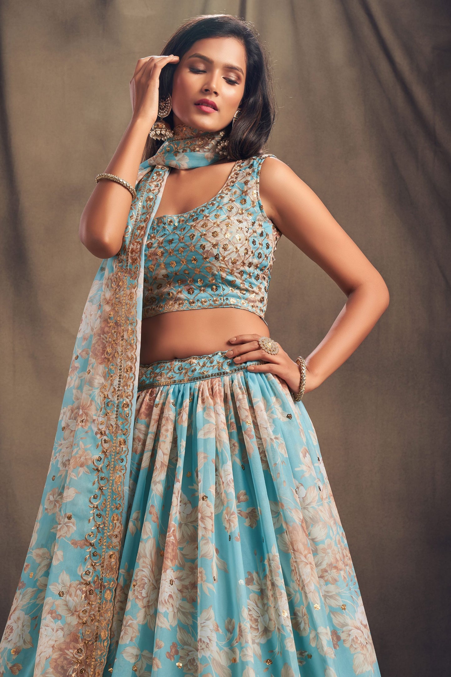 Sky Blue Printed Organza Sequence And Zari Worked Indian Wedding & Festival Wear Lehenga Choli