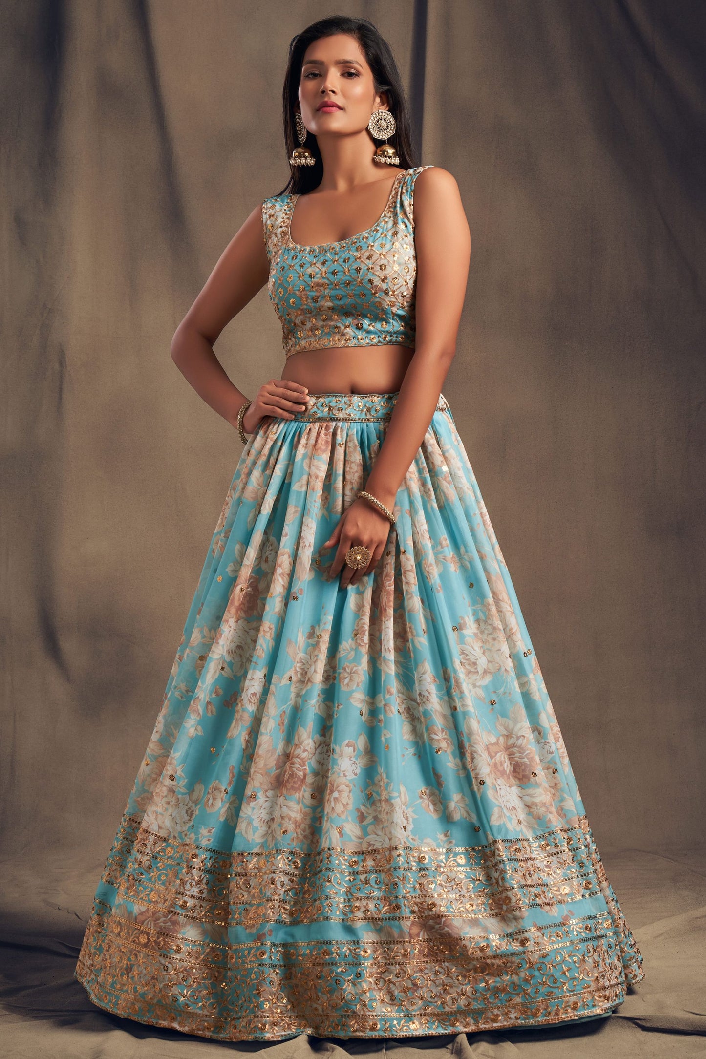 Sky Blue Printed Organza Sequence And Zari Worked Indian Wedding & Festival Wear Lehenga Choli