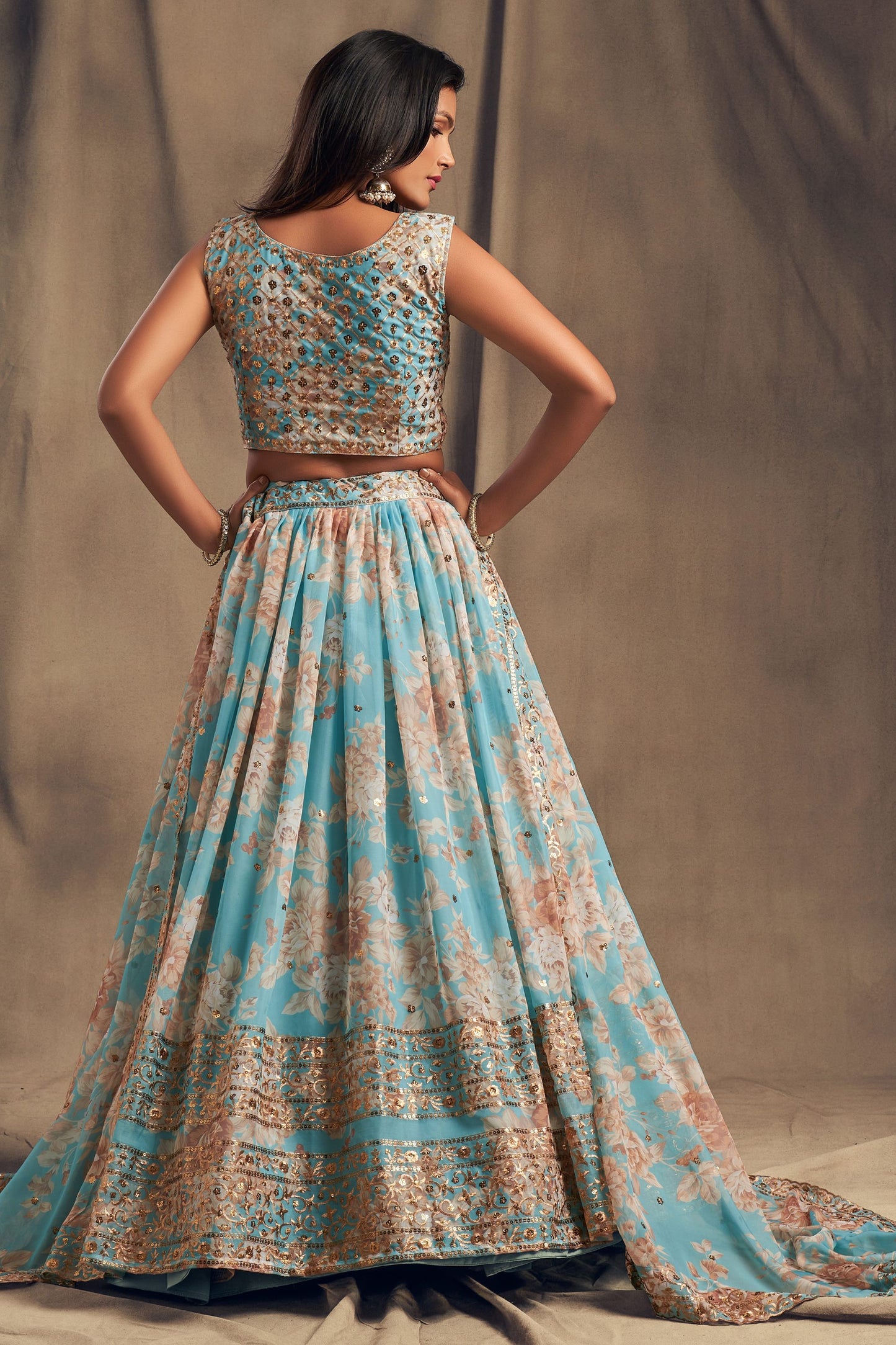 Sky Blue Printed Organza Sequence And Zari Worked Indian Wedding & Festival Wear Lehenga Choli